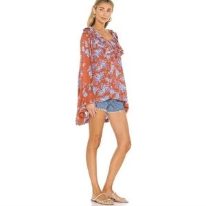 Free People | Loretta Orange Tea Ruffle Floral Button Tunic Top Large Blue